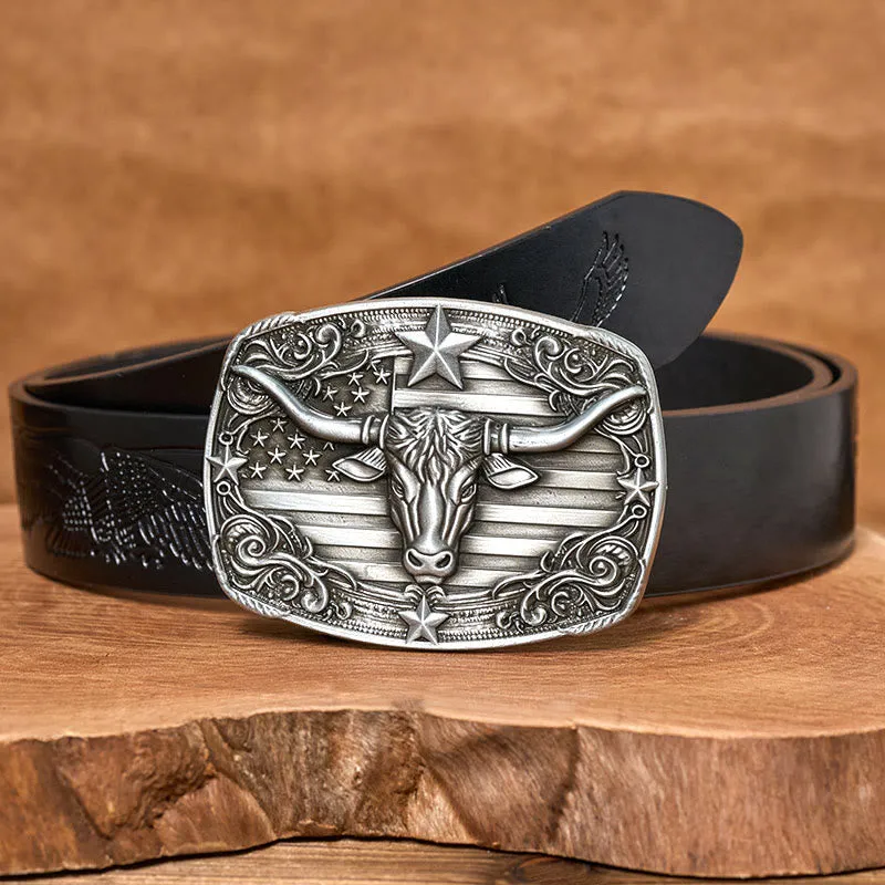 Men's Silver Vintage Star-striped Flag Longhorn bull Buckle Leather Belt sold by FloralTrip product image thumbnail 3