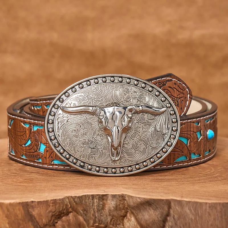 Men's Silver Longhorn Bullhead Oval Buckle Leather Belt sold by FloralTrip product image thumbnail 4