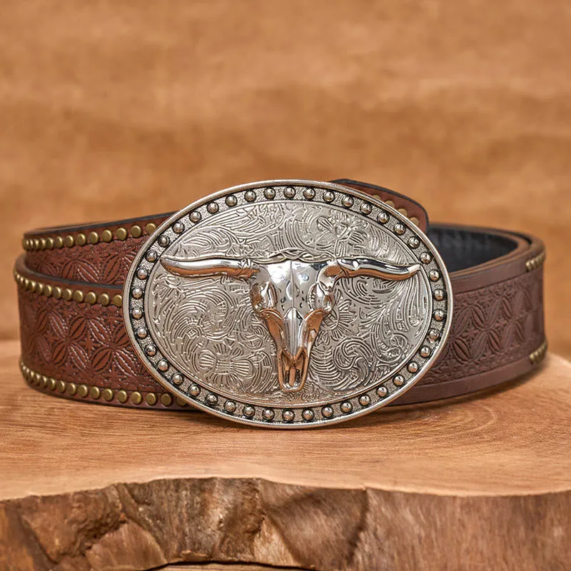 Men's Silver Longhorn Bullhead Oval Buckle Leather Belt sold by FloralTrip product image thumbnail 5
