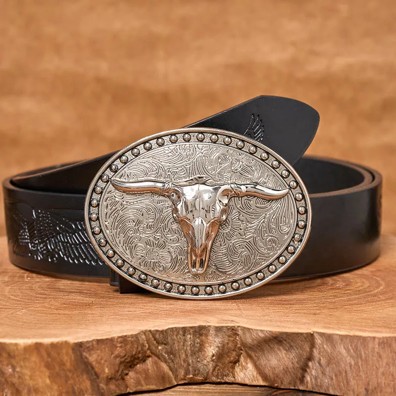 Men's Silver Longhorn Bullhead Oval Buckle Leather Belt sold by FloralTrip product image thumbnail 3