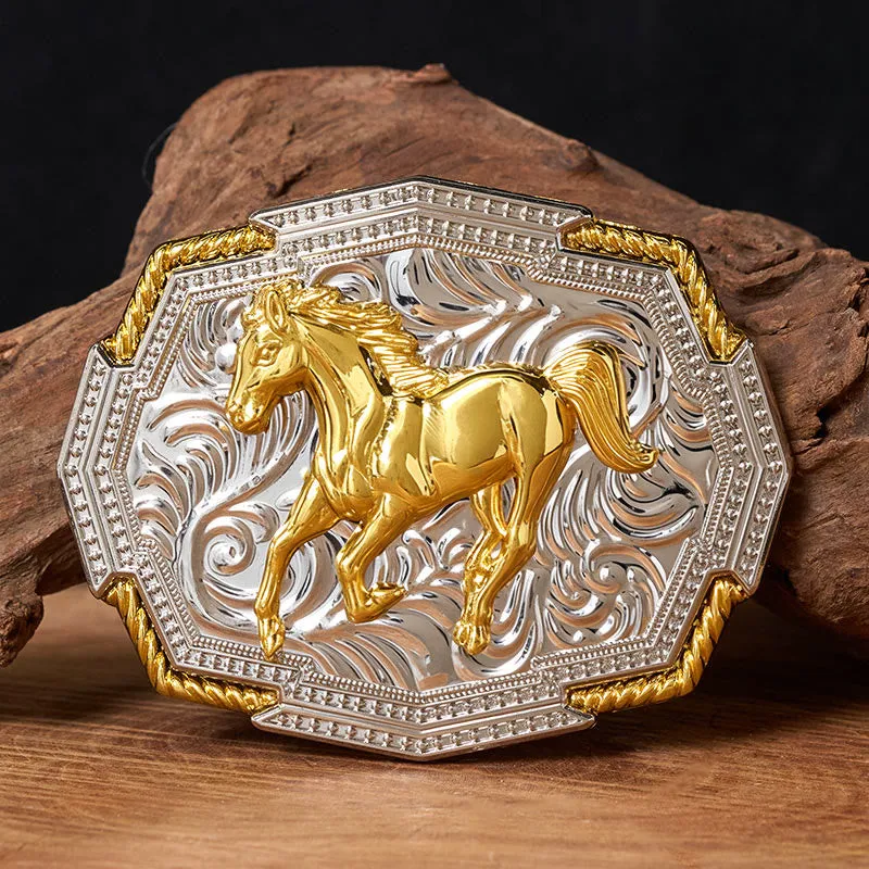 Men's Western Gold And Silver Relief Galloping Horse Buckle Leather Belt sold by FloralTrip