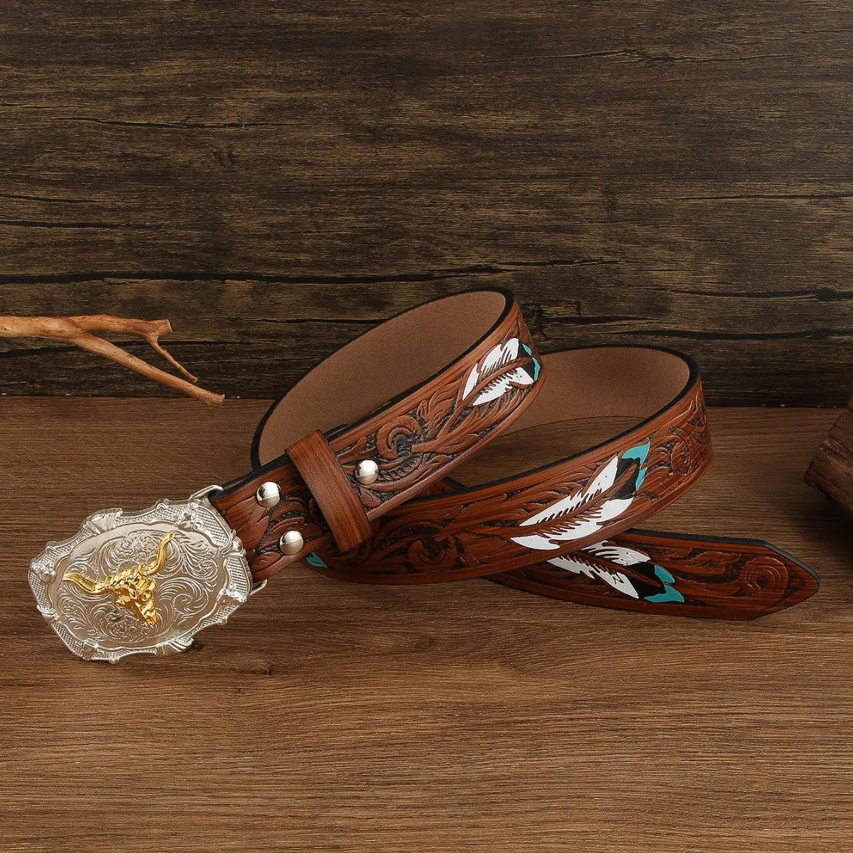Western Golden Bullhead Buckle Feather Embossed Leather Belt sold by FloralTrip product image thumbnail 4