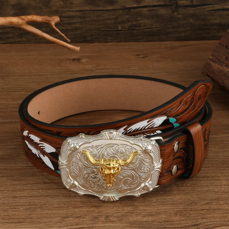 Western Golden Bullhead Buckle Feather Embossed Leather Belt made by FloralTrip