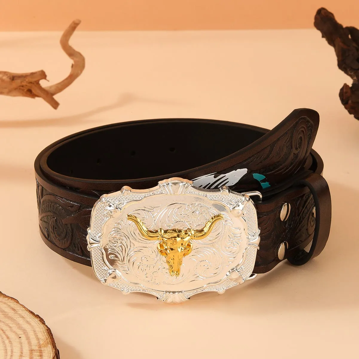 Western Golden Bullhead Buckle Feather Embossed Leather Belt sold by FloralTrip product image thumbnail 5
