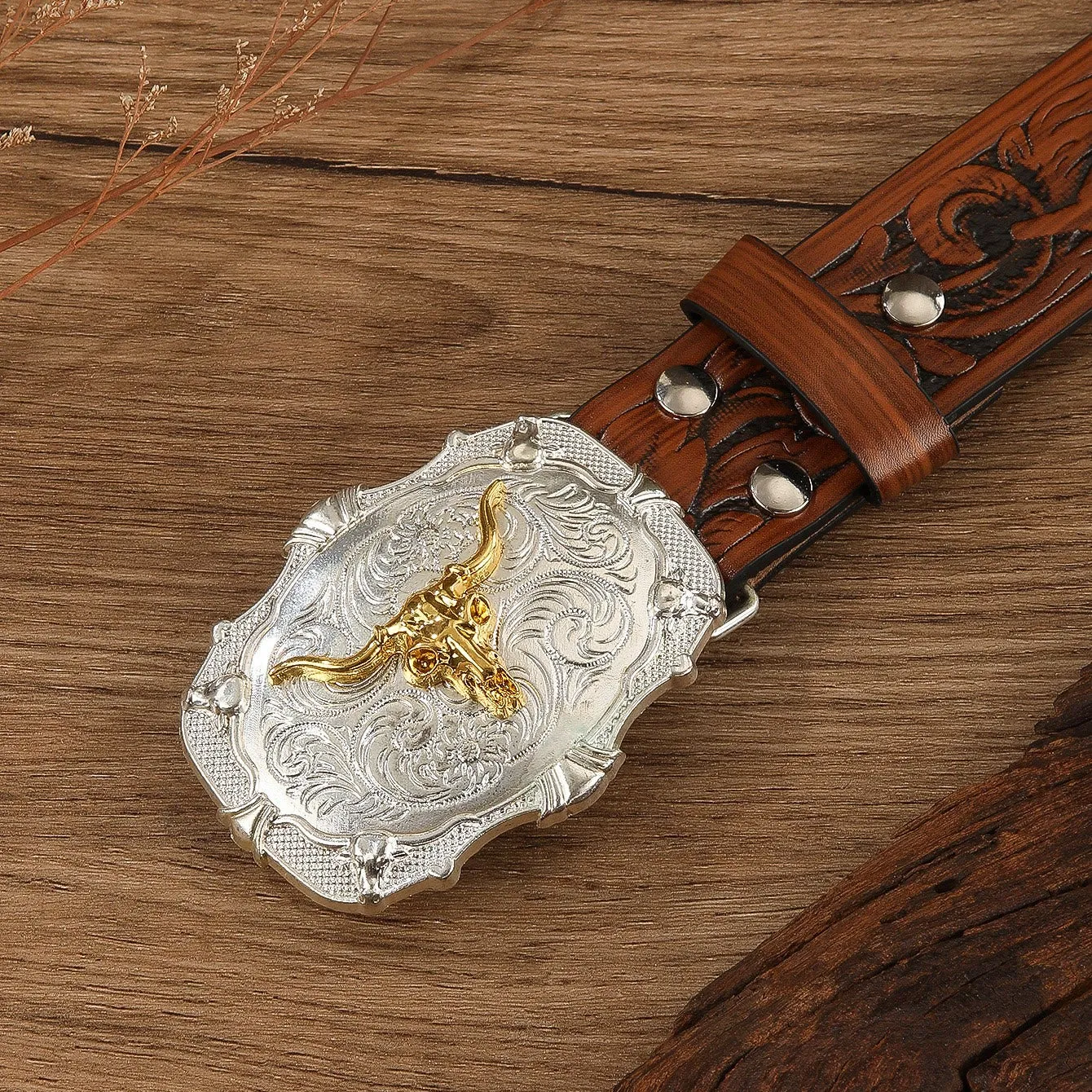 Western Golden Bullhead Buckle Feather Embossed Leather Belt sold by FloralTrip product image thumbnail 3