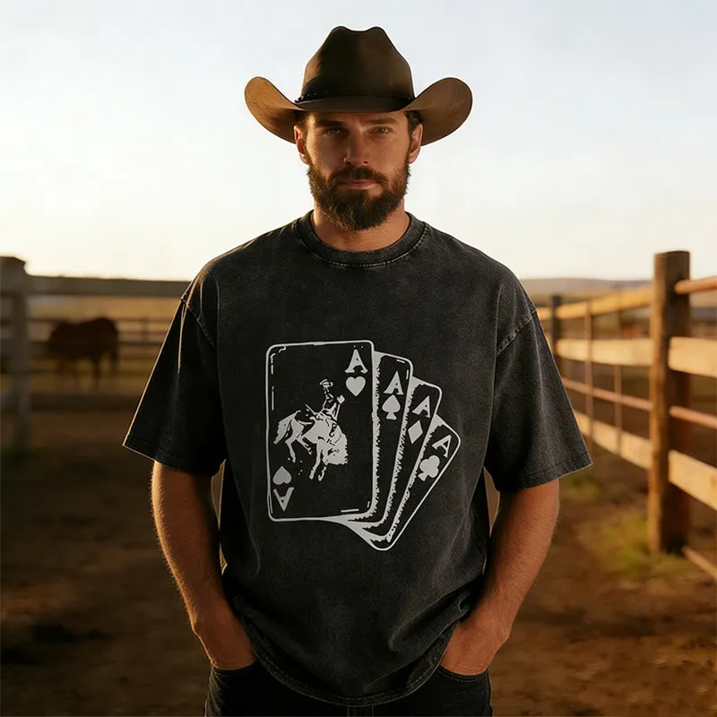 Western Style Cowboy Poker Printed Washed Short Sleeved T-shirt made by FloralTrip