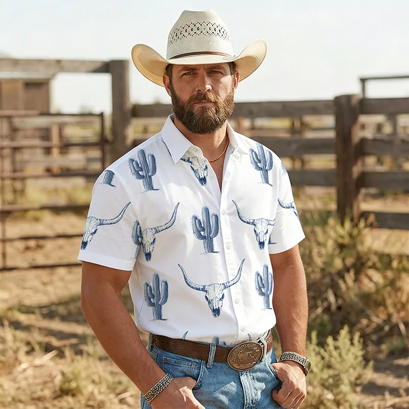 Western Ranch Style Bullhead Cactus Print Short Sleeved Shirt made by FloralTrip