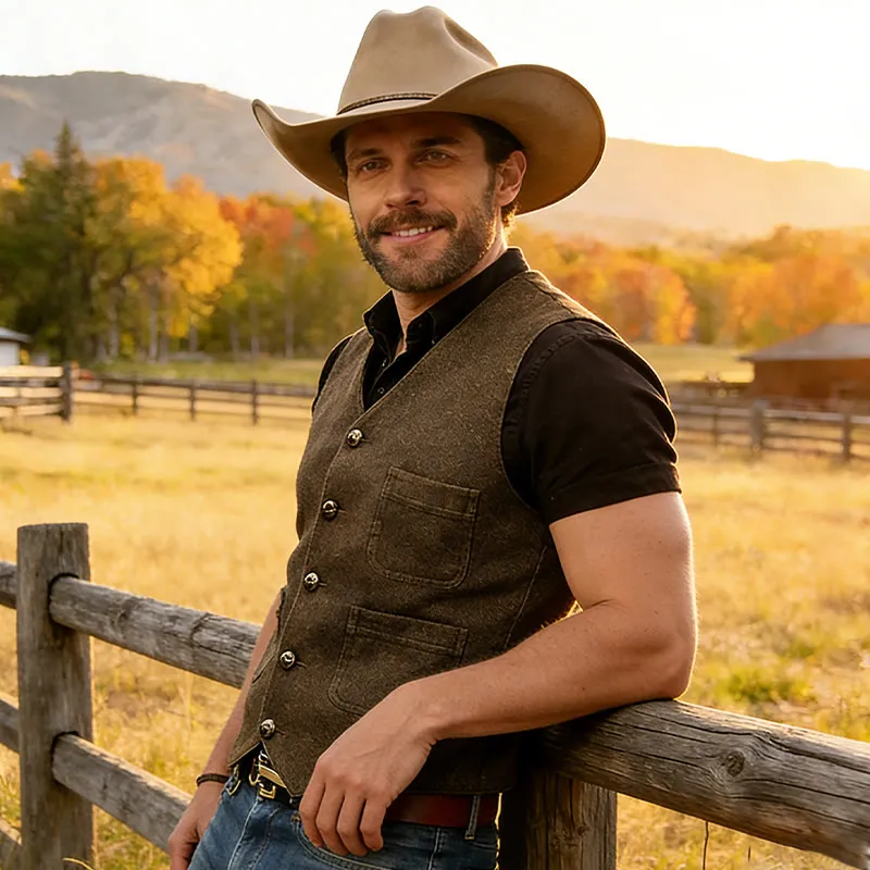 Men's Western Style Retro V-neck Multi Pocket Vest made by FloralTrip