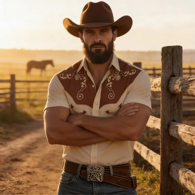 Men's Western Cowboy Scrollwork 3D Printed Contrast Yoke Shirt sold by FloralTrip