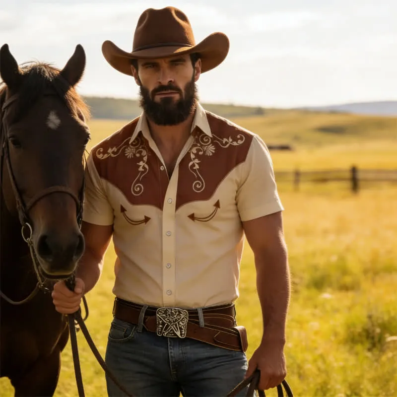 Men's Western Cowboy Scrollwork 3D Printed Contrast Yoke Shirt sold by FloralTrip product image thumbnail 3