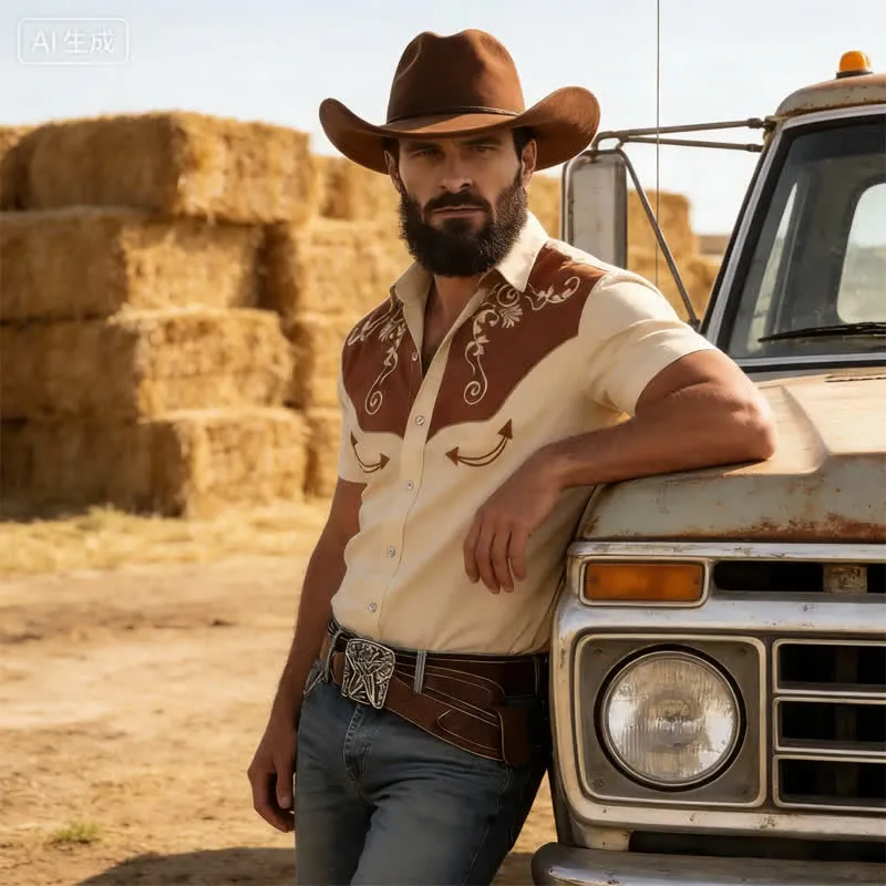 Men's Western Cowboy Scrollwork 3D Printed Contrast Yoke Shirt sold by FloralTrip product image thumbnail 4