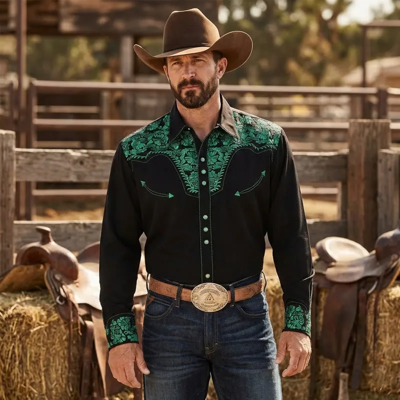 Western Style Green Floral 3D Printed Black Cowboy Shirt made by FloralTrip