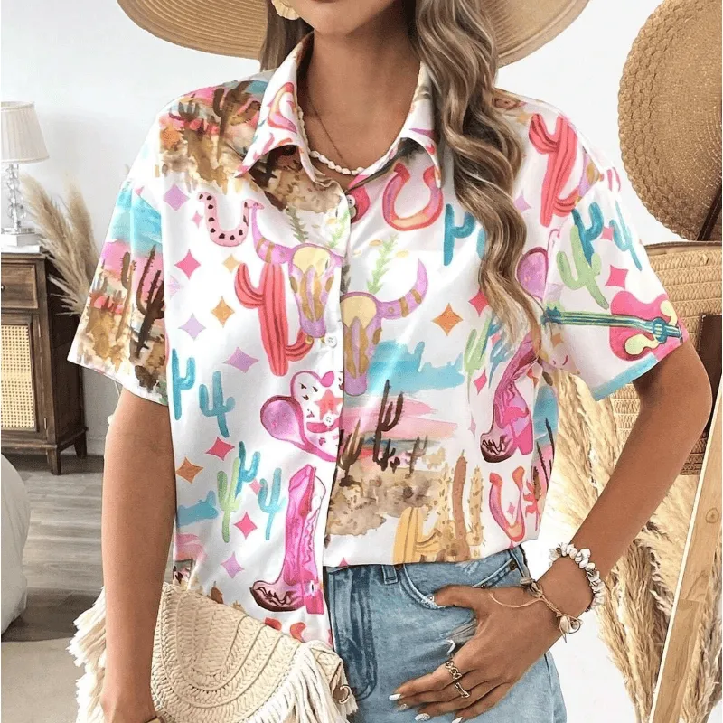 Women's Summer Casual Western Watercolor Printed Short Sleeved Shirt made by FloralTrip