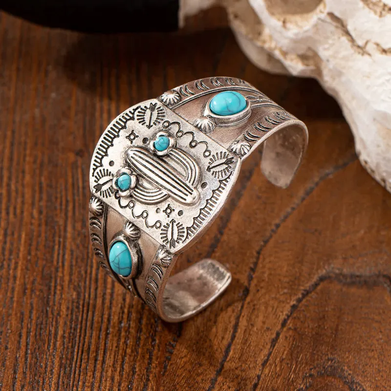 Vintage Silver Cactus Turquoise Cuff Opening Bracelet sold by FloralTrip