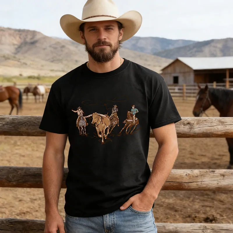 Men's Western Style Rodeo Set Cow Scene Printed T-Shirt sold by FloralTrip product image thumbnail 2