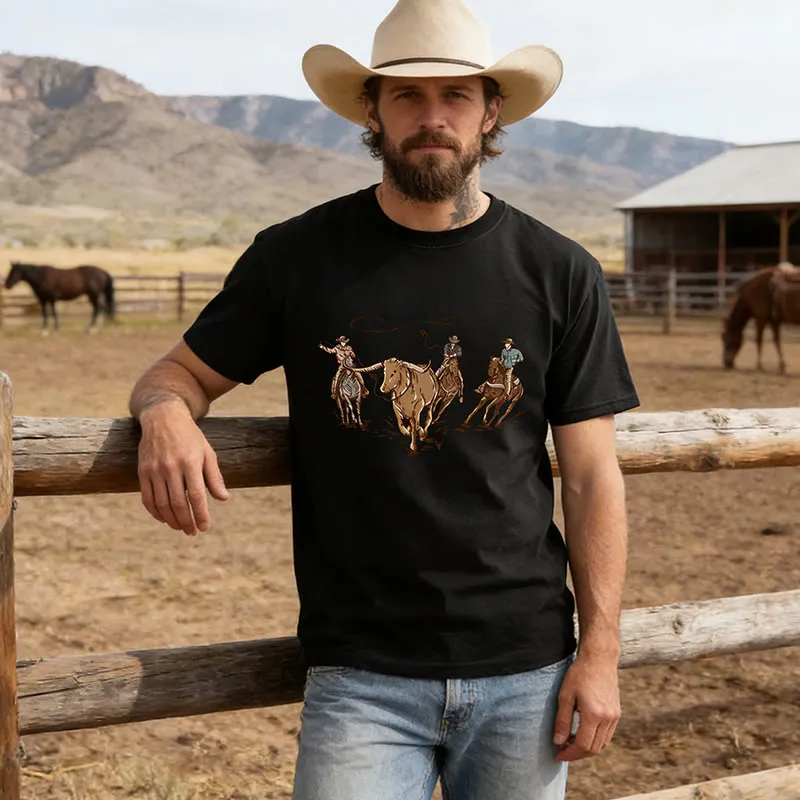 Men's Western Style Rodeo Set Cow Scene Printed T-Shirt sold by FloralTrip