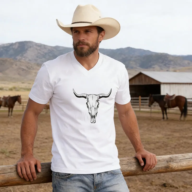 Men's Western Style Bullhead Print V-neck T-Shirt made by FloralTrip
