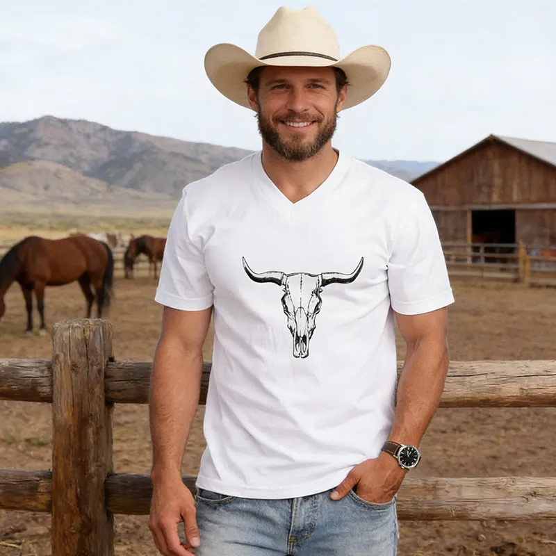 Men's Western Style Bullhead Print V-neck T-Shirt sold by FloralTrip product image thumbnail 2