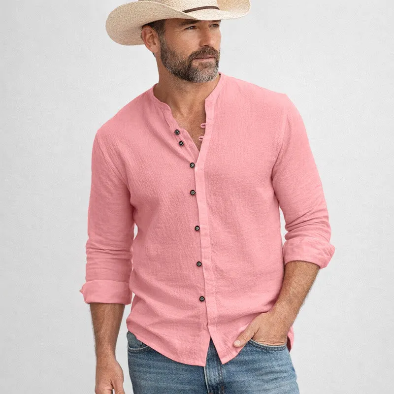 Men's Retro Henry Collar Breathable Solid Color Shirt sold by FloralTrip product image thumbnail 3