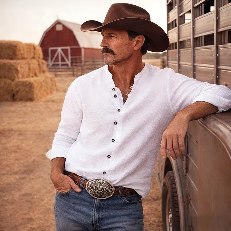 Men's Retro Henry Collar Breathable Solid Color Shirt sold by FloralTrip product image thumbnail 4