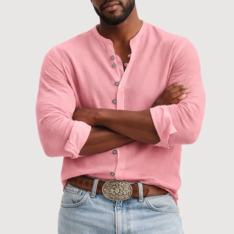 Men's Retro Henry Collar Breathable Solid Color Shirt sold by FloralTrip product image thumbnail 2