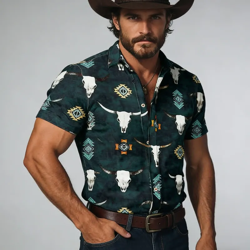 Men's Bull Skull & Aztec Geometric 3D Print Shirt sold by FloralTrip product image thumbnail 3