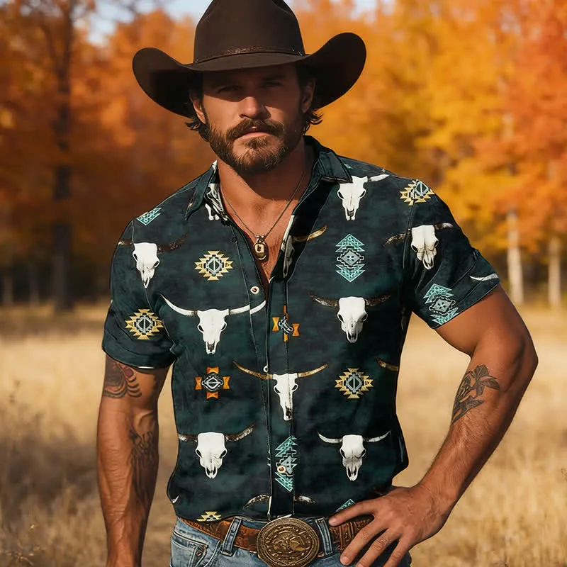 Men's Bull Skull & Aztec Geometric 3D Print Shirt made by FloralTrip