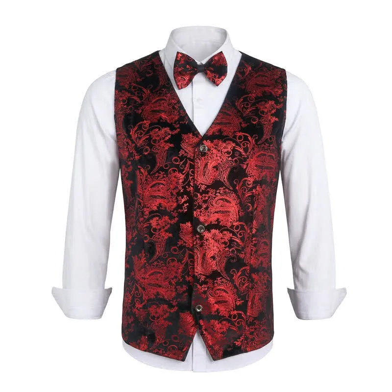 Men's Elegant Paisley Hot Stamped Pattern V-neck Vest With Bow Tie sold by FloralTrip