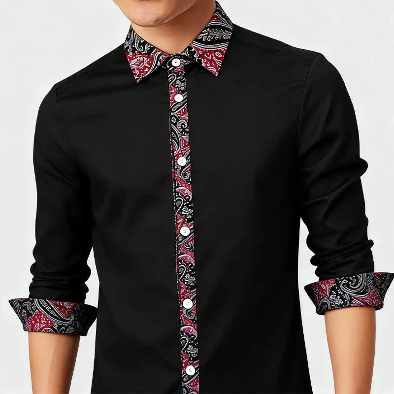 Men's Black Red & Grey Paisley Pattern Contrast Collar Dress Shirt sold by FloralTrip product image thumbnail 4