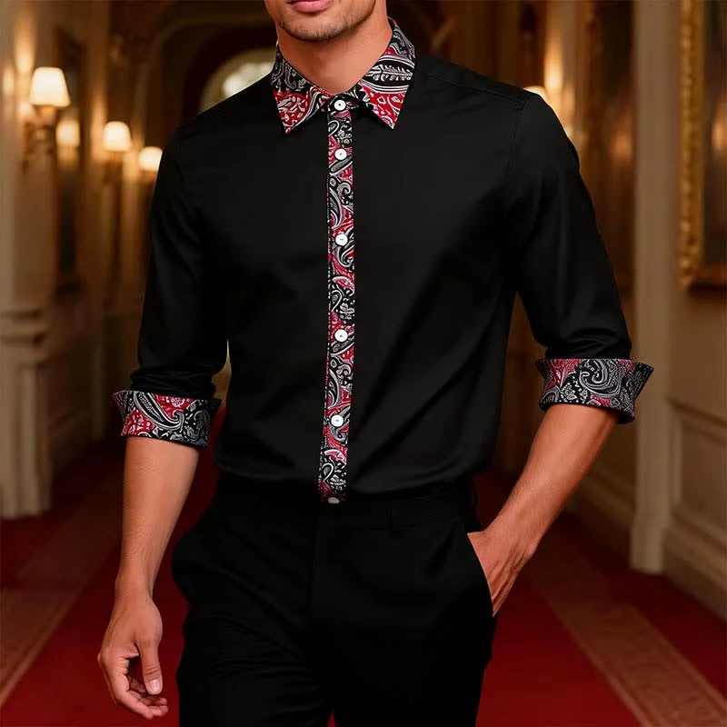 Men's Black Red & Grey Paisley Pattern Contrast Collar Dress Shirt sold by FloralTrip product image thumbnail 2