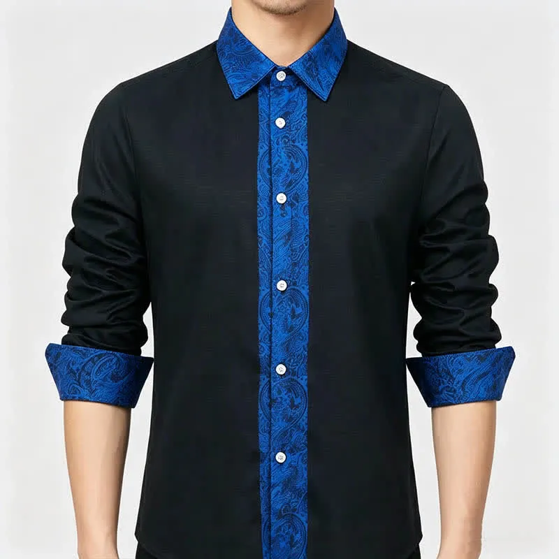 Men's Black Blue Paisley Pattern Contrast Collar Dress Shirt sold by FloralTrip product image thumbnail 4