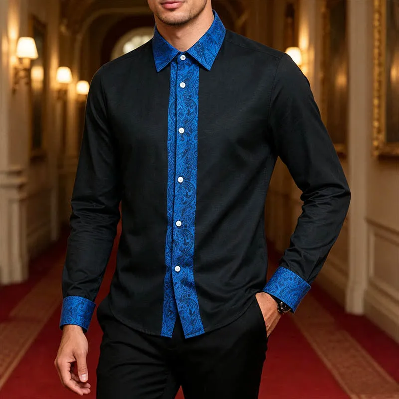 Men's Black Blue Paisley Pattern Contrast Collar Dress Shirt sold by FloralTrip product image thumbnail 2