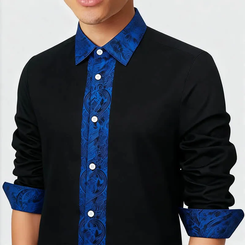 Men's Black Blue Paisley Pattern Contrast Collar Dress Shirt sold by FloralTrip product image thumbnail 3