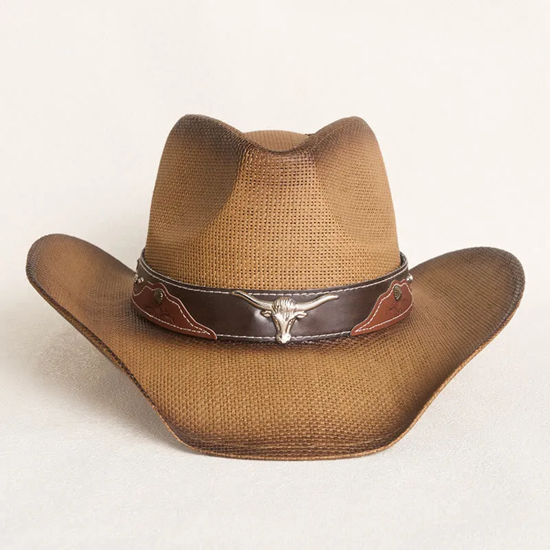 Vintage Bull Head Decorated Wide Brim Western Cowboy Straw Hat sold by FloralTrip product image thumbnail 2
