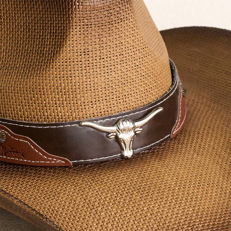 Vintage Bull Head Decorated Wide Brim Western Cowboy Straw Hat sold by FloralTrip product image thumbnail 3