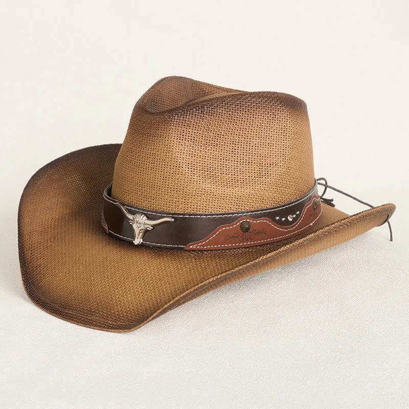 Vintage Bull Head Decorated Wide Brim Western Cowboy Straw Hat made by FloralTrip