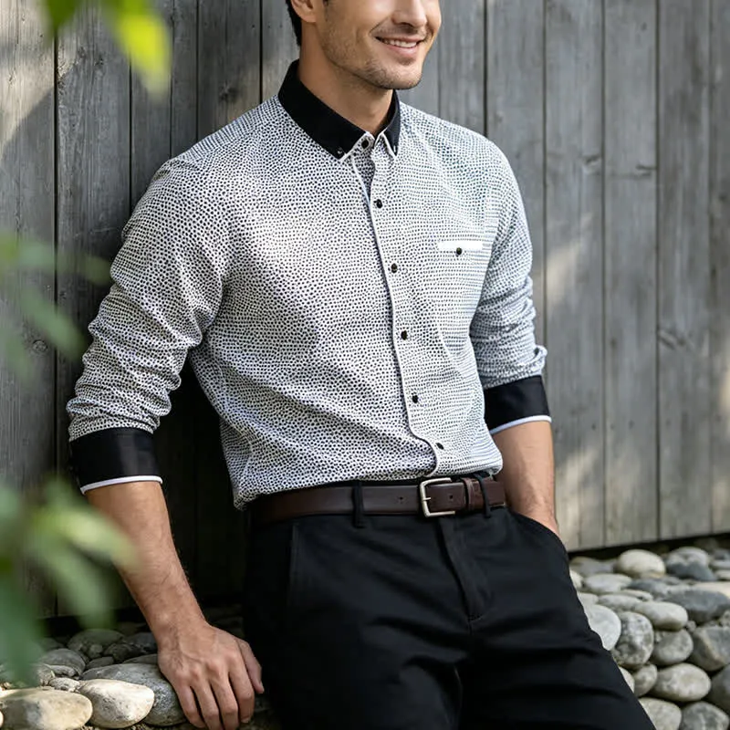 Men's Black & White Micro Cross Pattern Dress Shirt made by FloralTrip