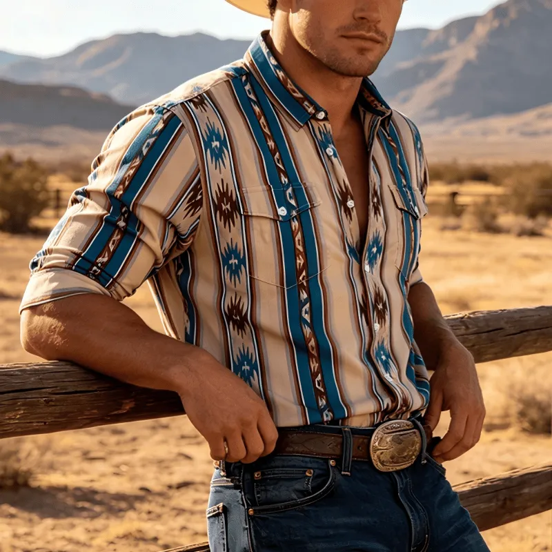 Men's Vintage Western Stripe Print Long Sleeve Casual Shirt made by FloralTrip