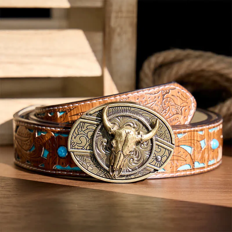 Longhorn Skull DIY Hidden Folding Knife Antique Bronze Buckle Leather Belt sold by FloralTrip product image thumbnail 4