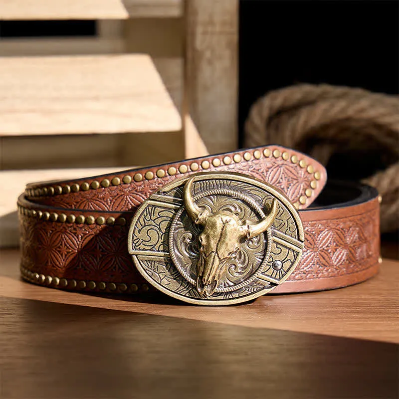 Longhorn Skull DIY Hidden Folding Knife Antique Bronze Buckle Leather Belt sold by FloralTrip product image thumbnail 5