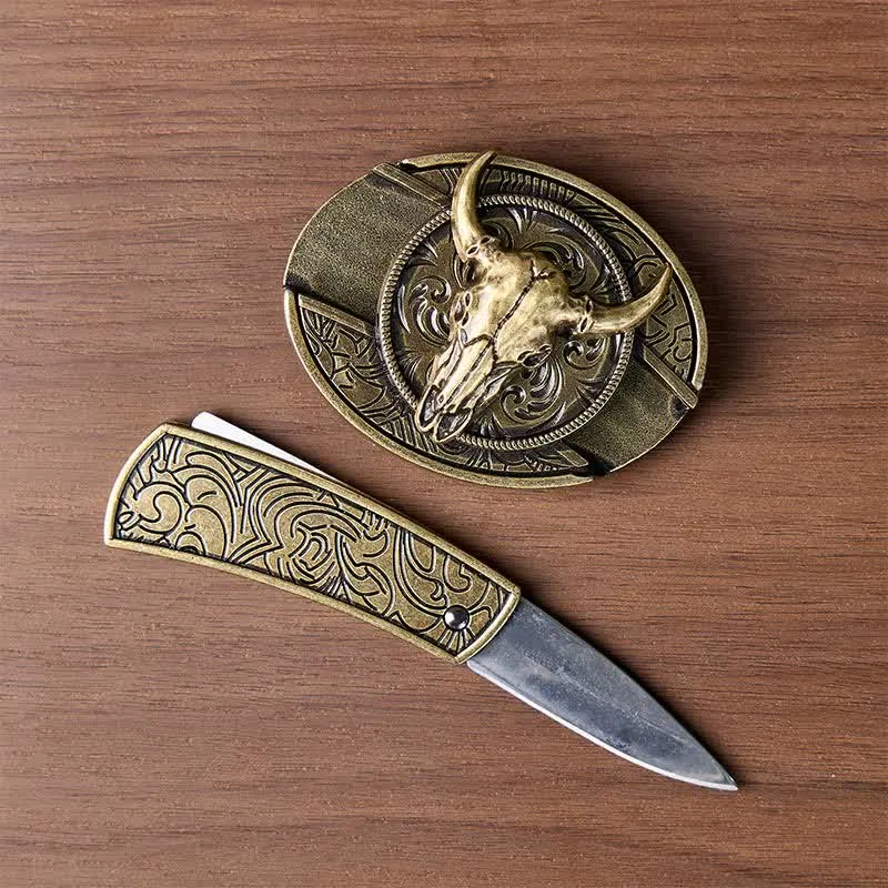 Longhorn Skull DIY Hidden Folding Knife Antique Bronze Buckle Leather Belt sold by FloralTrip product image thumbnail 2