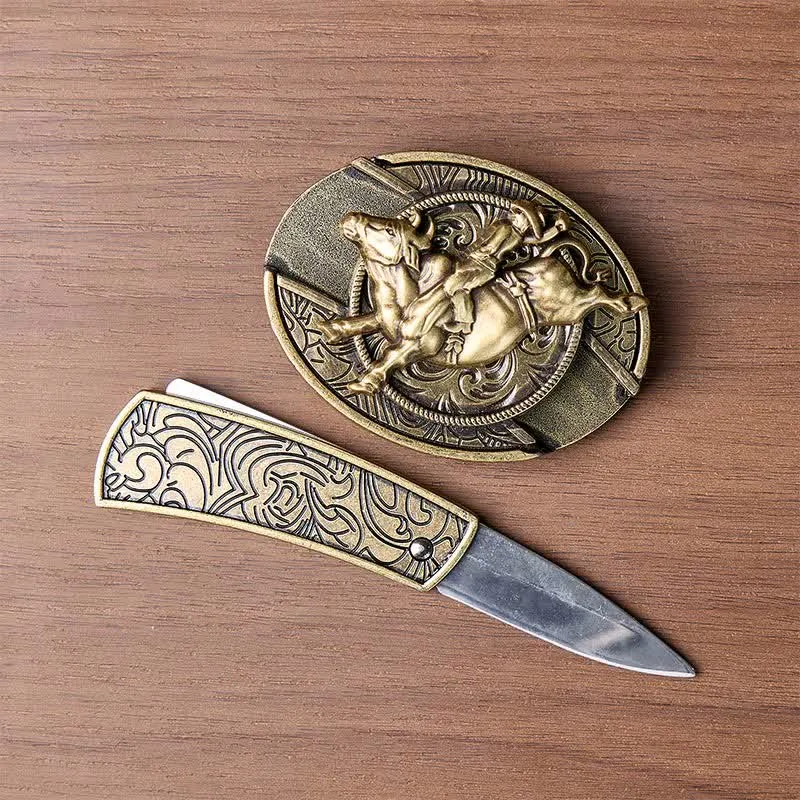 Antique Bronze Bull Rider DIY Hidden Folding Knife Buckle Leather Belt sold by FloralTrip product image thumbnail 2