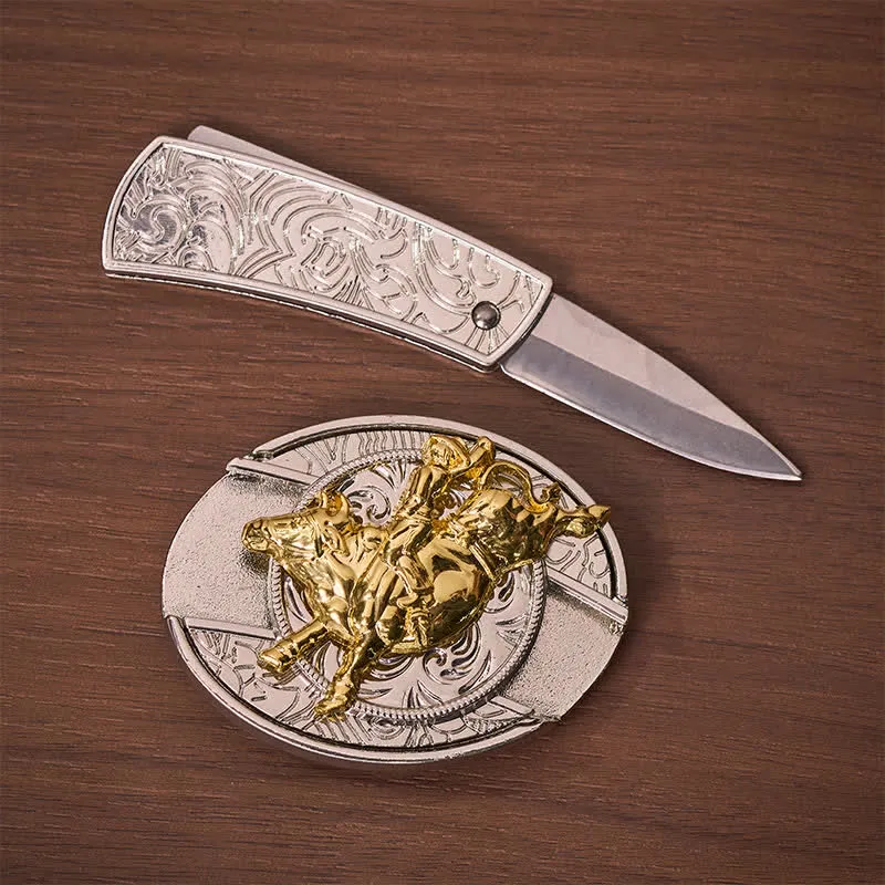 Bold Silver & Gold Bronc Rider DIY Hidden Folding Knife Buckle Leather Belt sold by FloralTrip product image thumbnail 2