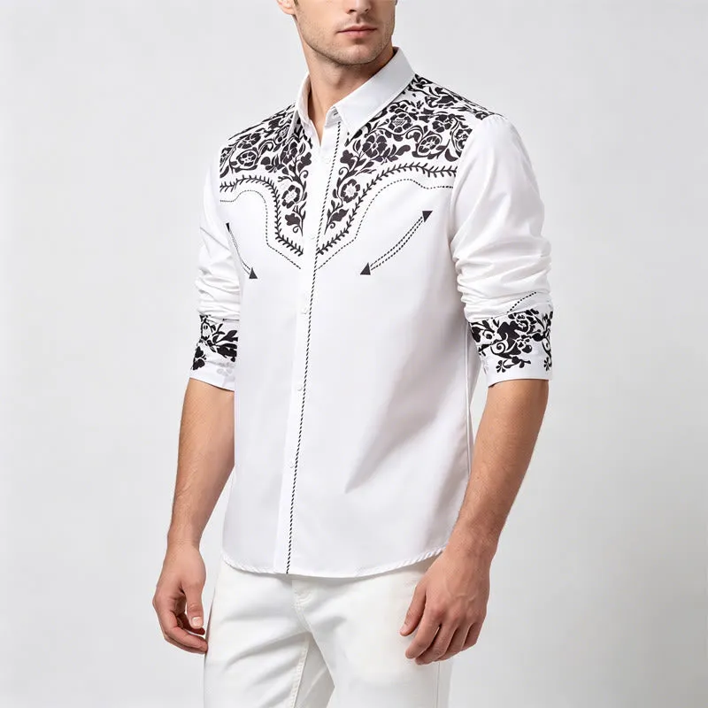 Men's Elegant White & Black Floral Print Western Dress Shirt sold by FloralTrip product image thumbnail 3