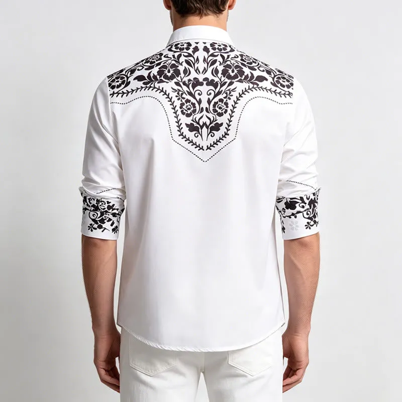 Men's Elegant White & Black Floral Print Western Dress Shirt sold by FloralTrip product image thumbnail 4