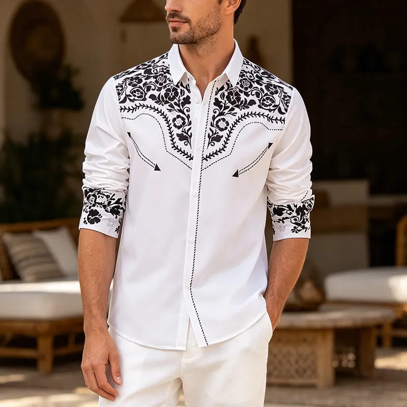 Men's Elegant White & Black Floral Print Western Dress Shirt made by FloralTrip