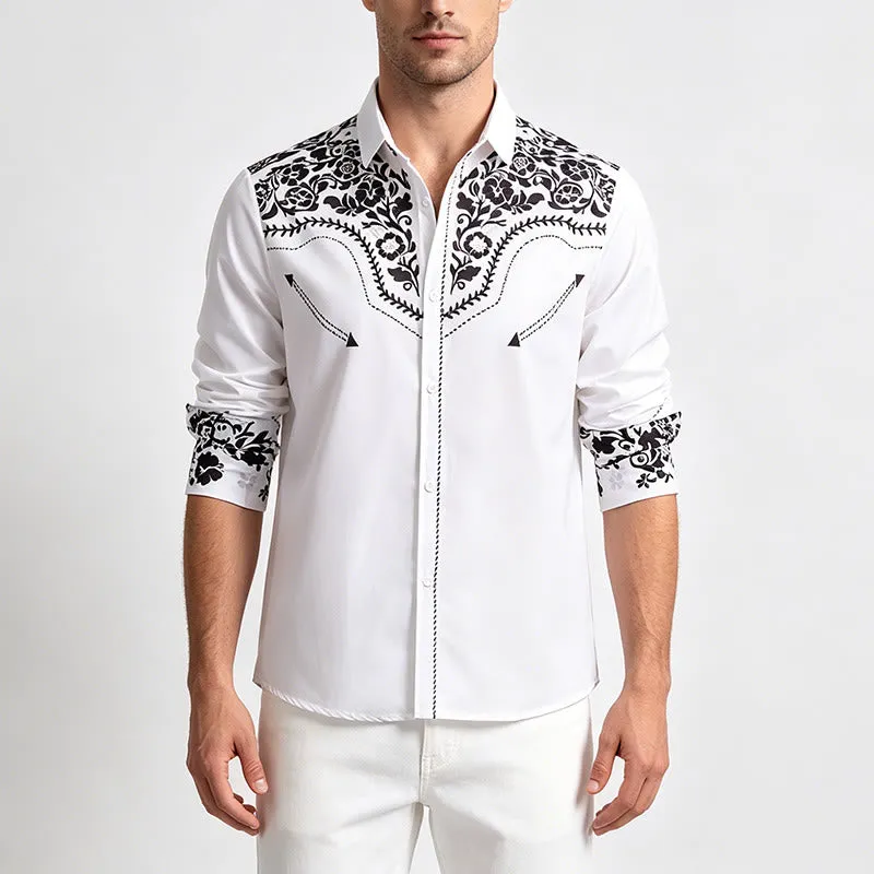 Men's Elegant White & Black Floral Print Western Dress Shirt sold by FloralTrip product image thumbnail 2