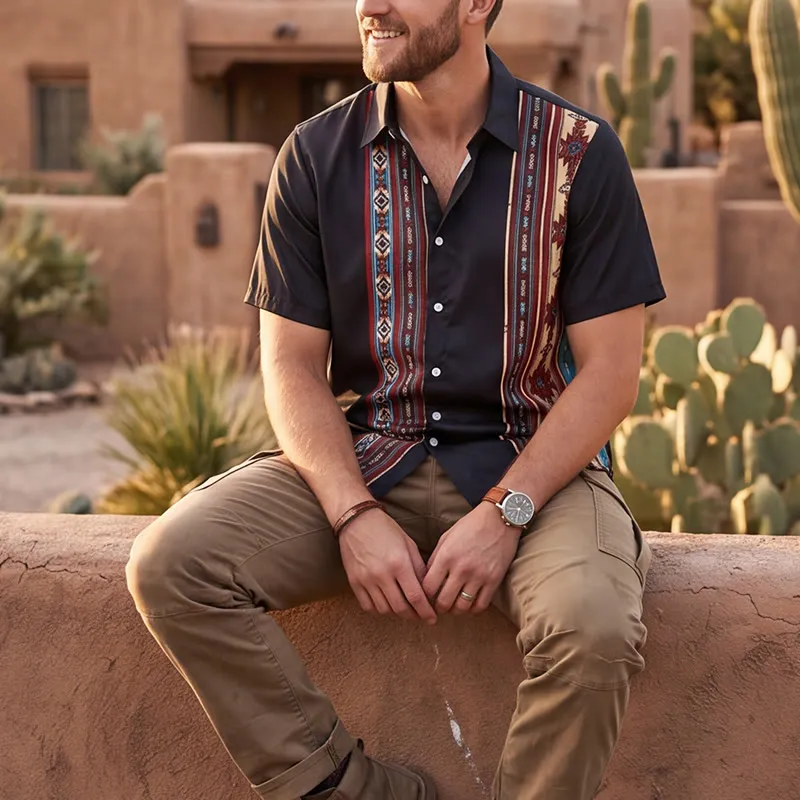Men's Aztec Geometric Pattern Black Summer Shirt sold by FloralTrip