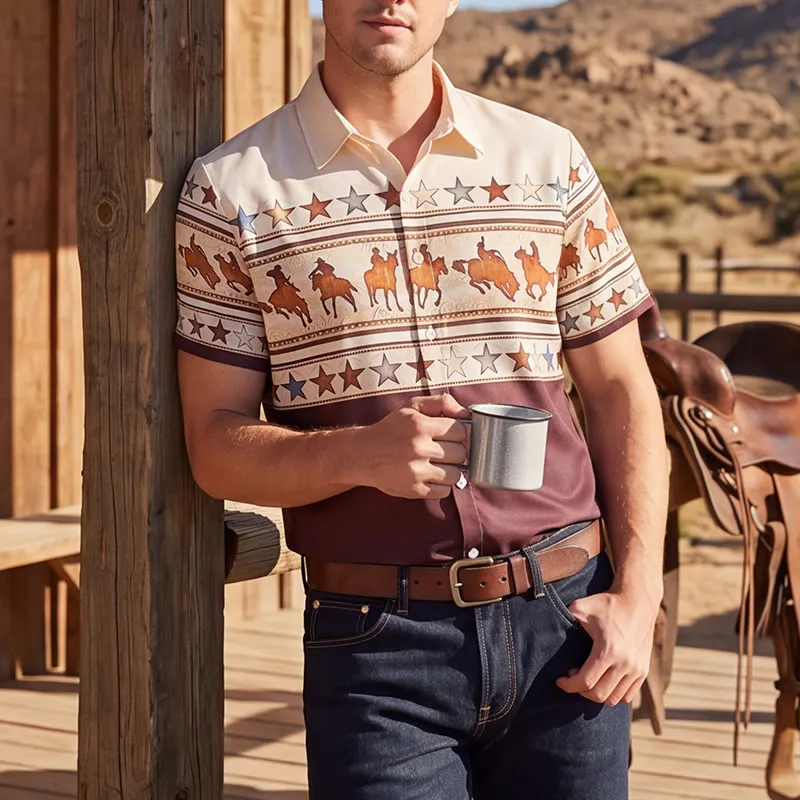 Men's Brown & Cream Cowboy Horse Silhouette Western Print Shirt made by FloralTrip