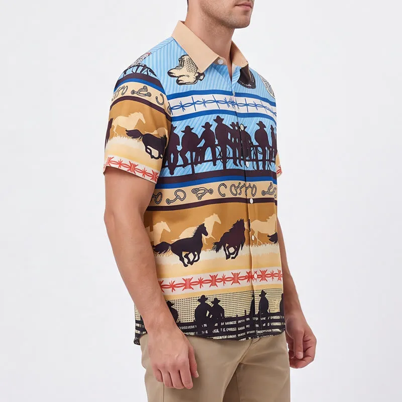 Men's Tan & Blue Cowboy Silhouette & Horse Herd Print Shirt sold by FloralTrip product image thumbnail 4